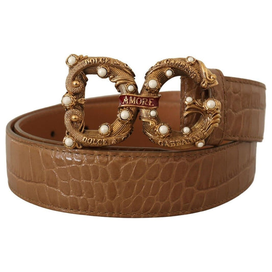Dolce & Gabbana Elegant Croco Leather Amore Belt with Pearls WOMAN BELTS brown-crocodile-pattern-leather-logo-amore-belt
