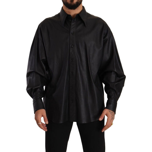 Dolce & Gabbana Elegant Black Leather Jacket black-leather-button-down-men-collared-jacket