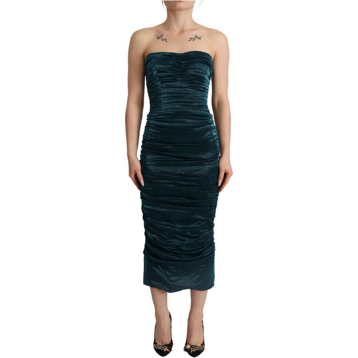 Dolce & Gabbana Turquoise Draped Satin Midi Dress turquoise-bustier-bodice-draped-midi-dress-1