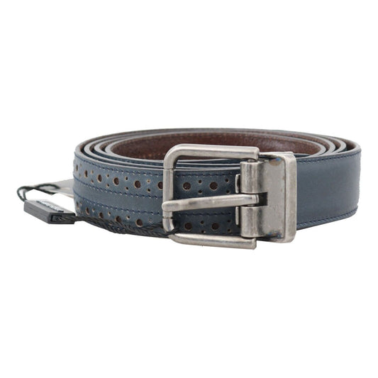 Dolce & Gabbana Elegant Blue Leather Men's Belt blue-perforated-leather-gray-buckle-belt