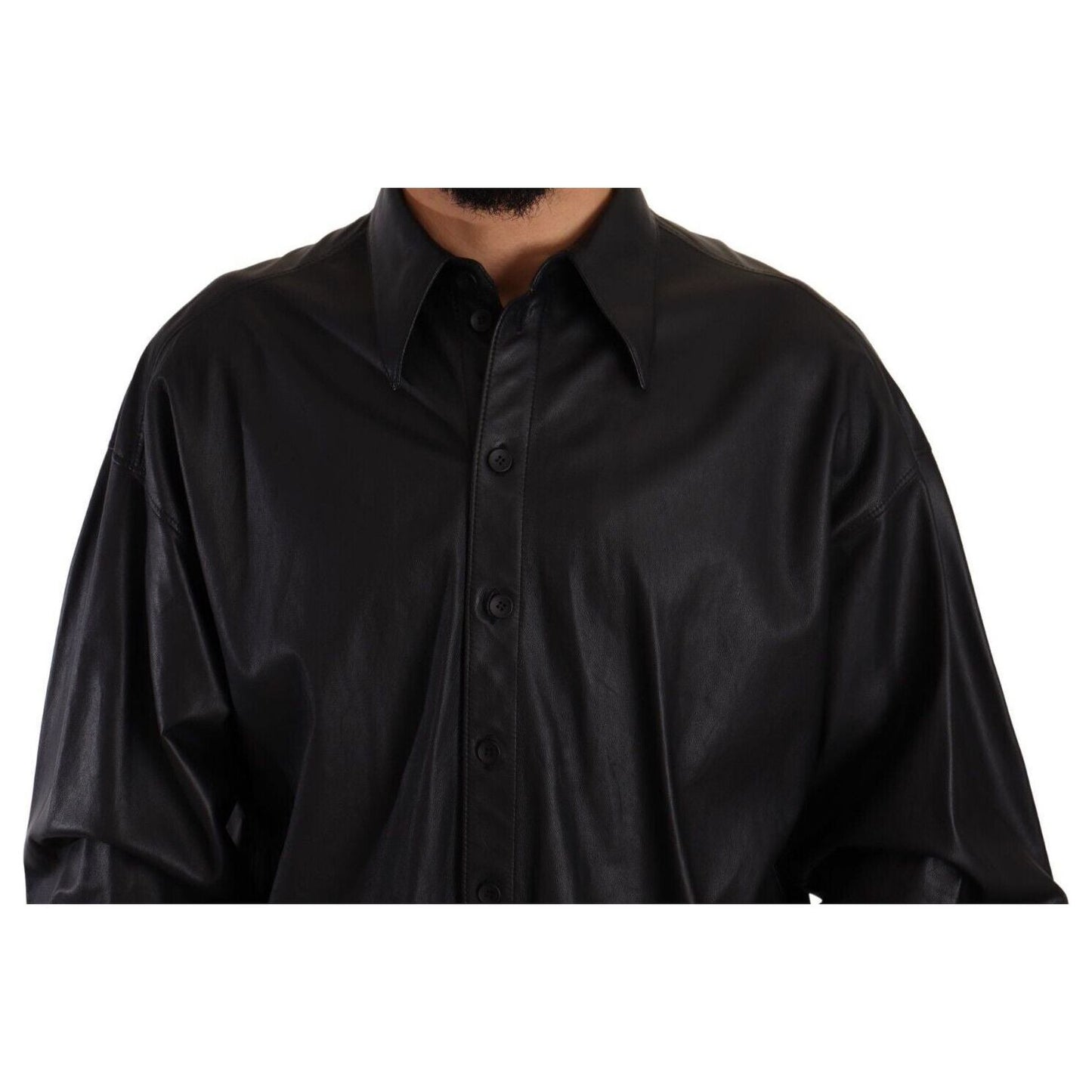 Dolce & Gabbana Elegant Black Leather Jacket black-leather-button-down-men-collared-jacket