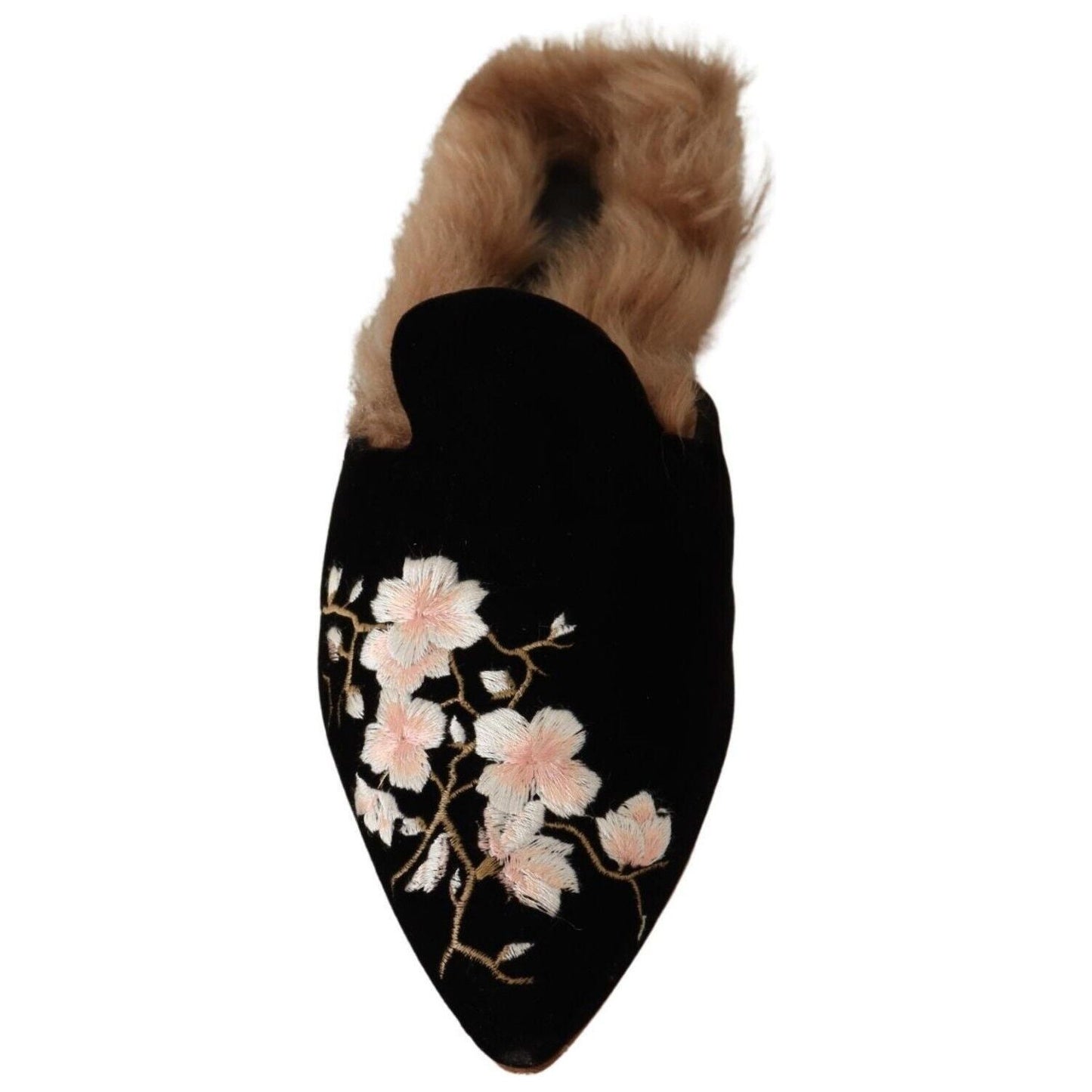 GIA COUTURE Chic Black Velvet Floral Embroidered Slides Women Slip On black-velvet-floral-fur-slip-on-flats-shoes