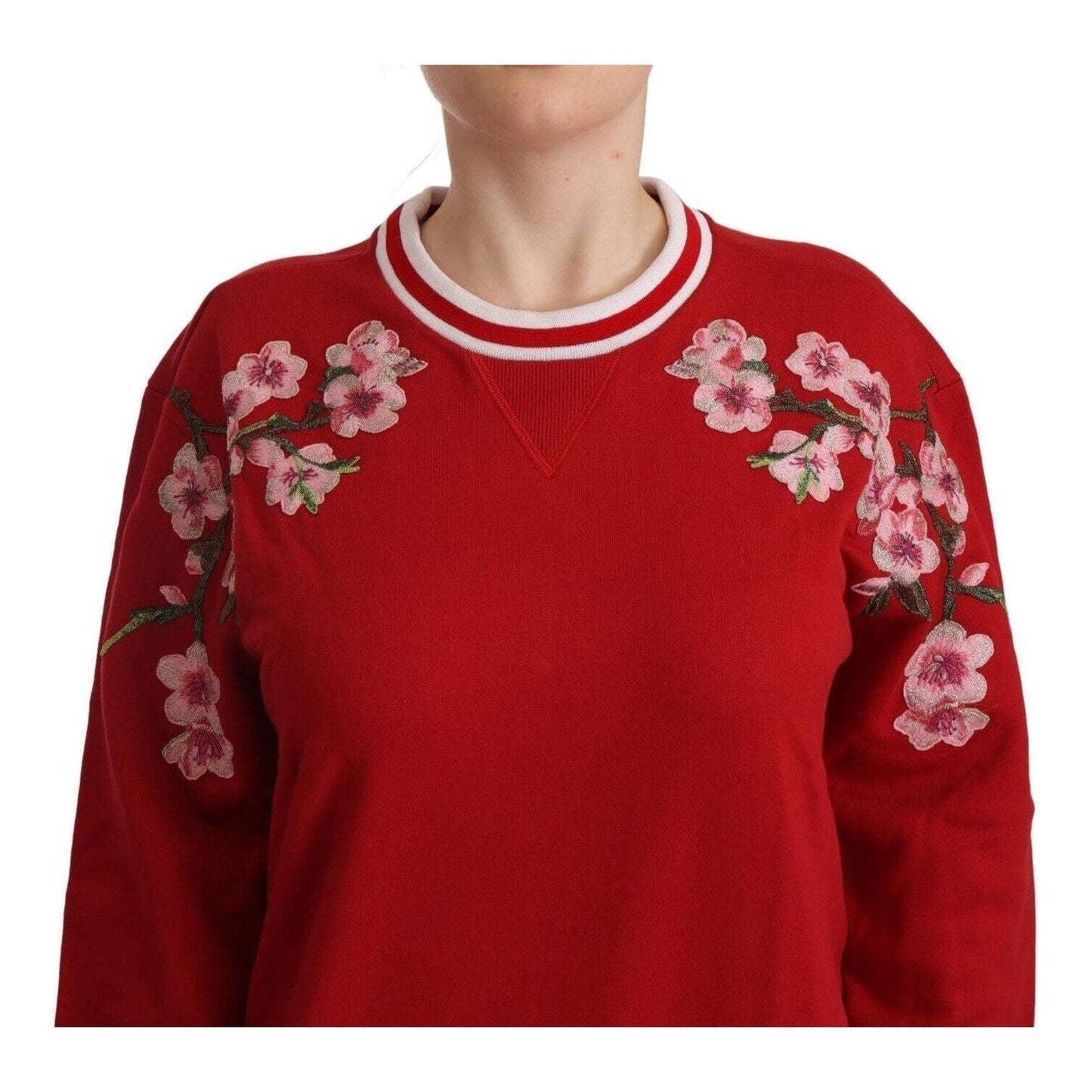 Dolce & Gabbana Elegant Red Crewneck Pullover with Floral Motif red-cotton-crewneck-dglove-pullover-sweater WOMAN SWEATERS