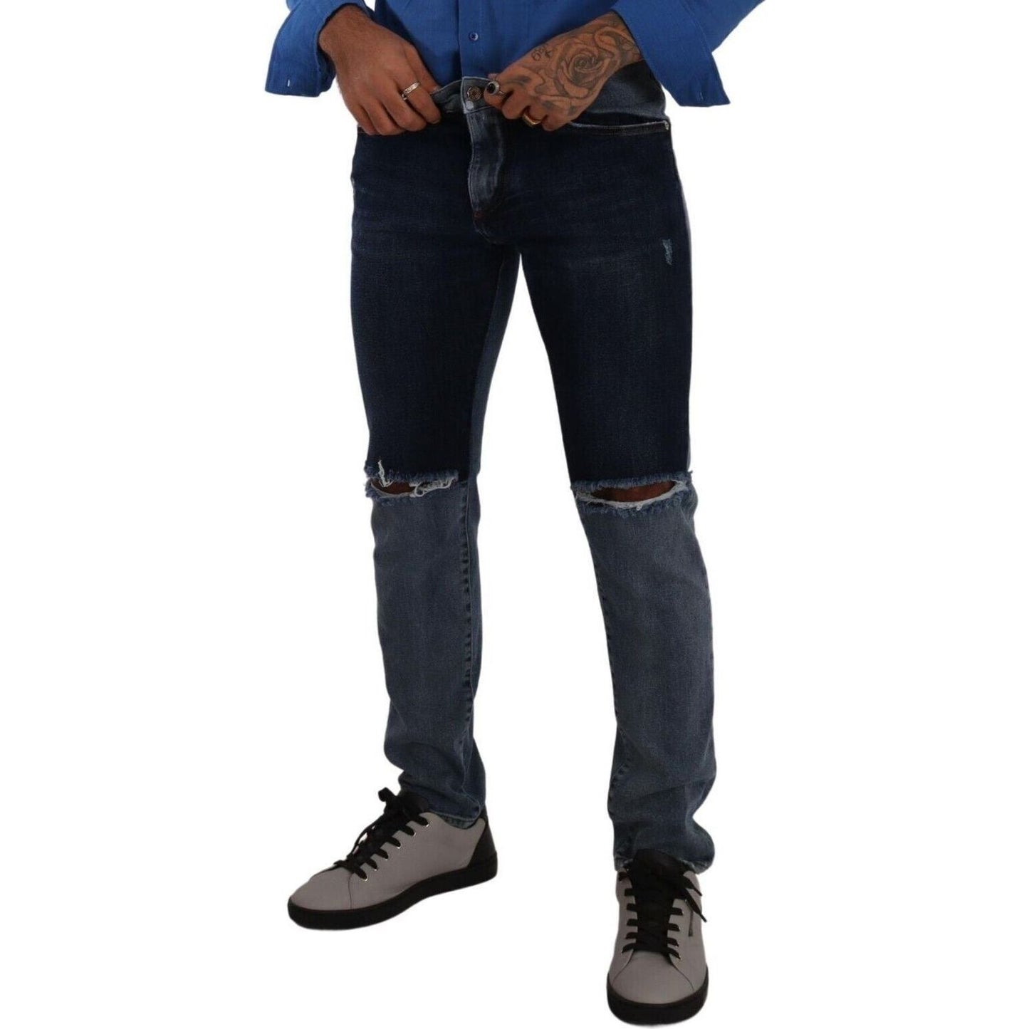 Dolce & Gabbana Chic Slim Fit Tattered Denim blue-two-tone-tattered-cotton-slim-denim-jeans