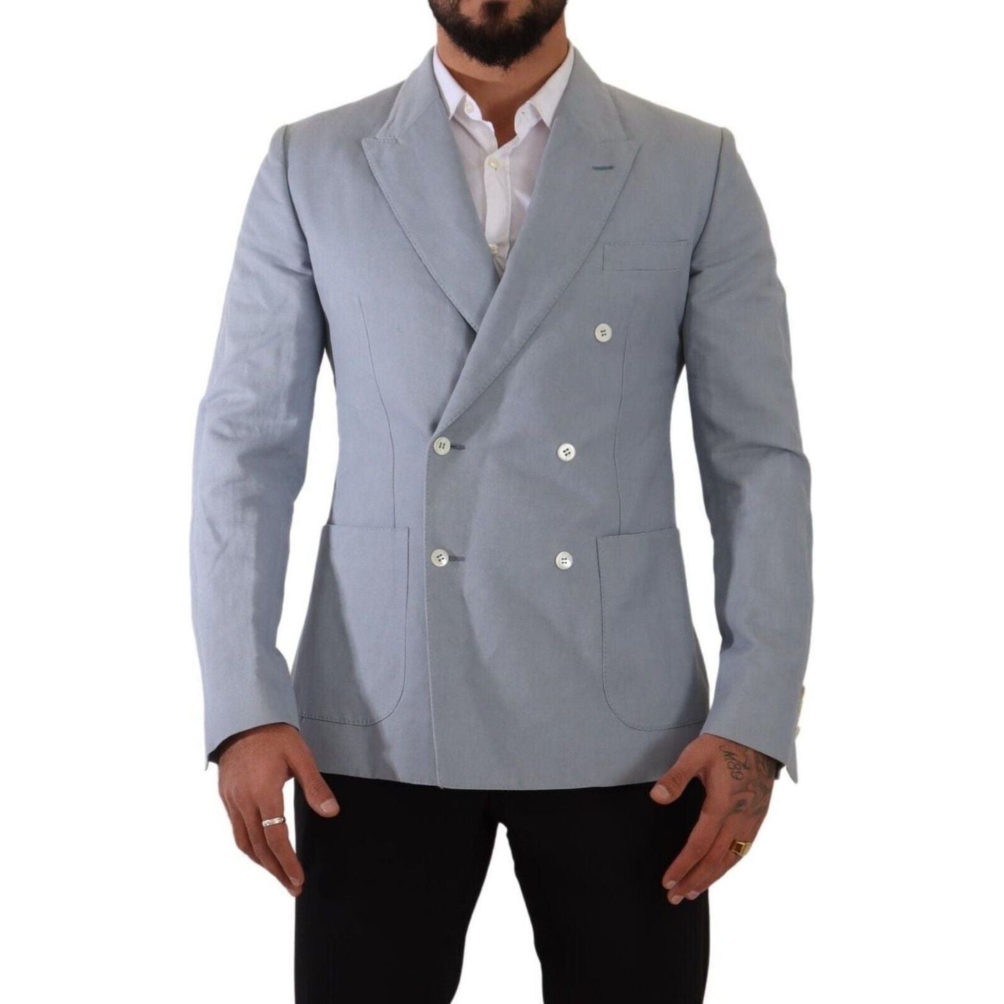 Dolce & Gabbana Elegant Slim Fit Light Blue Double Breasted Blazer blue-cotton-linen-slim-fit-jacket-coat-blazer