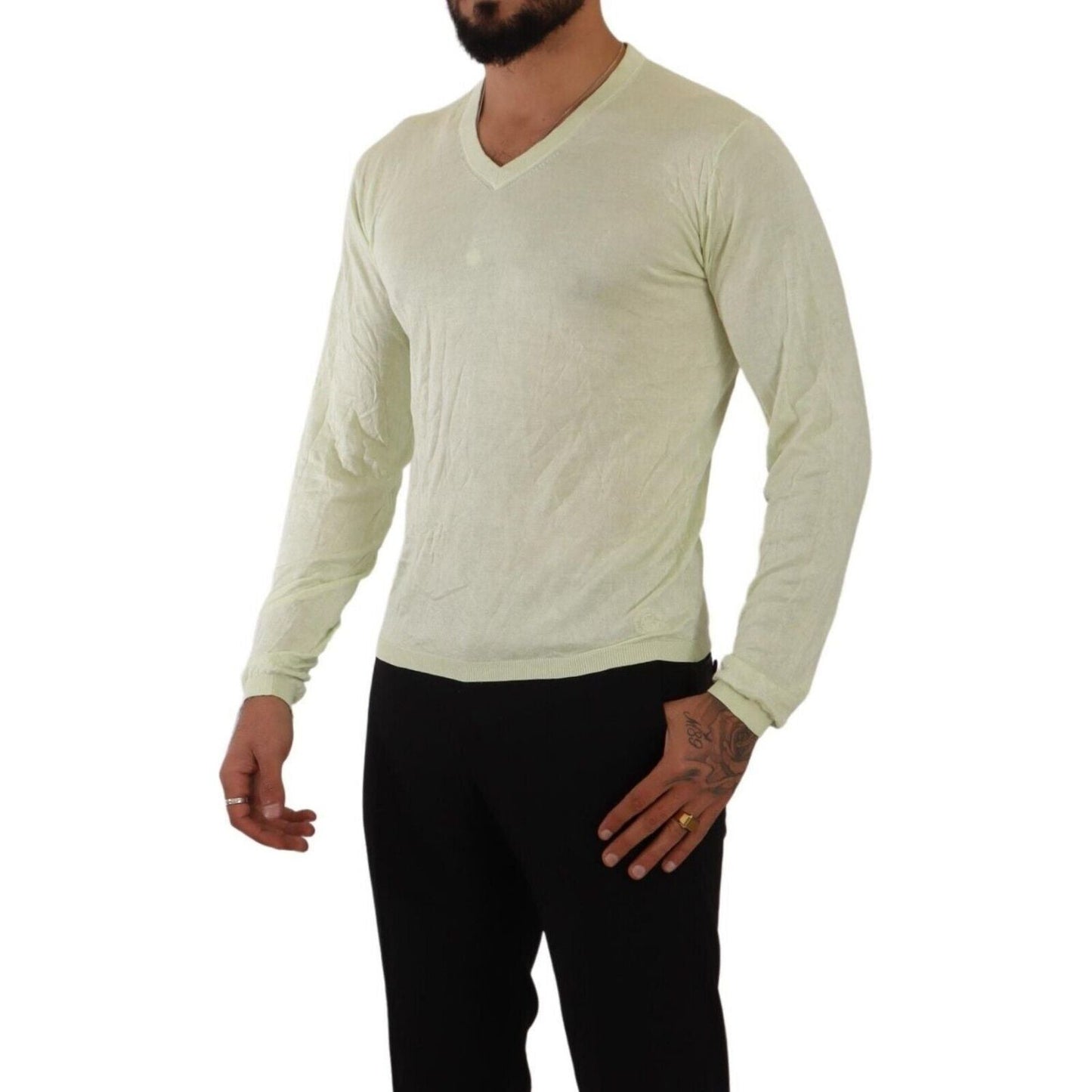 Domenico Tagliente Elegant Silk V-Neck Pullover Sweater yellow-v-neck-long-sleeves-pullover-sweater s-l1600-3-200-9a0b35dd-0fa.jpg