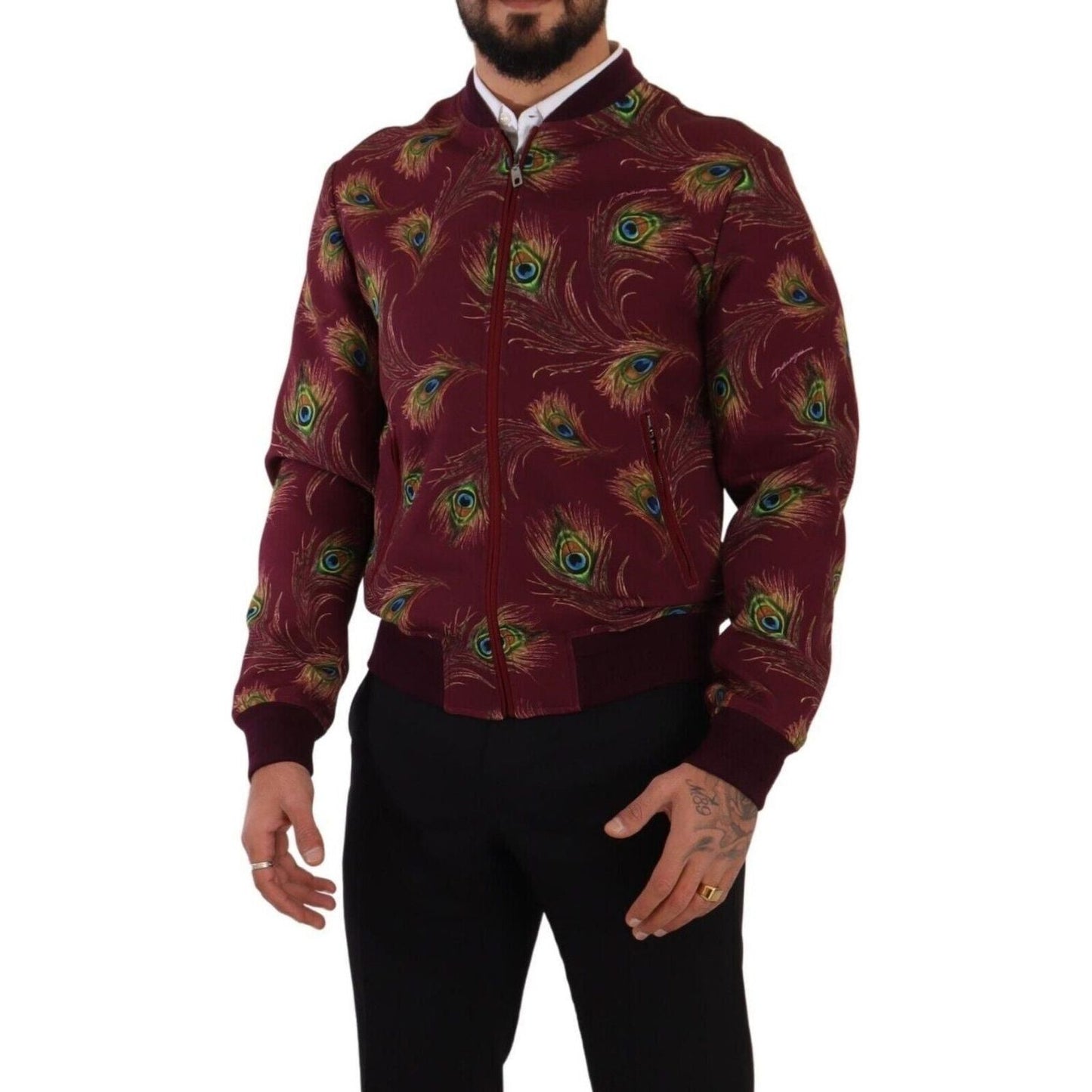 Dolce & Gabbana Radiant Red Peacock Print Bomber Jacket red-peacock-polyester-stretch-full-zip-jacket