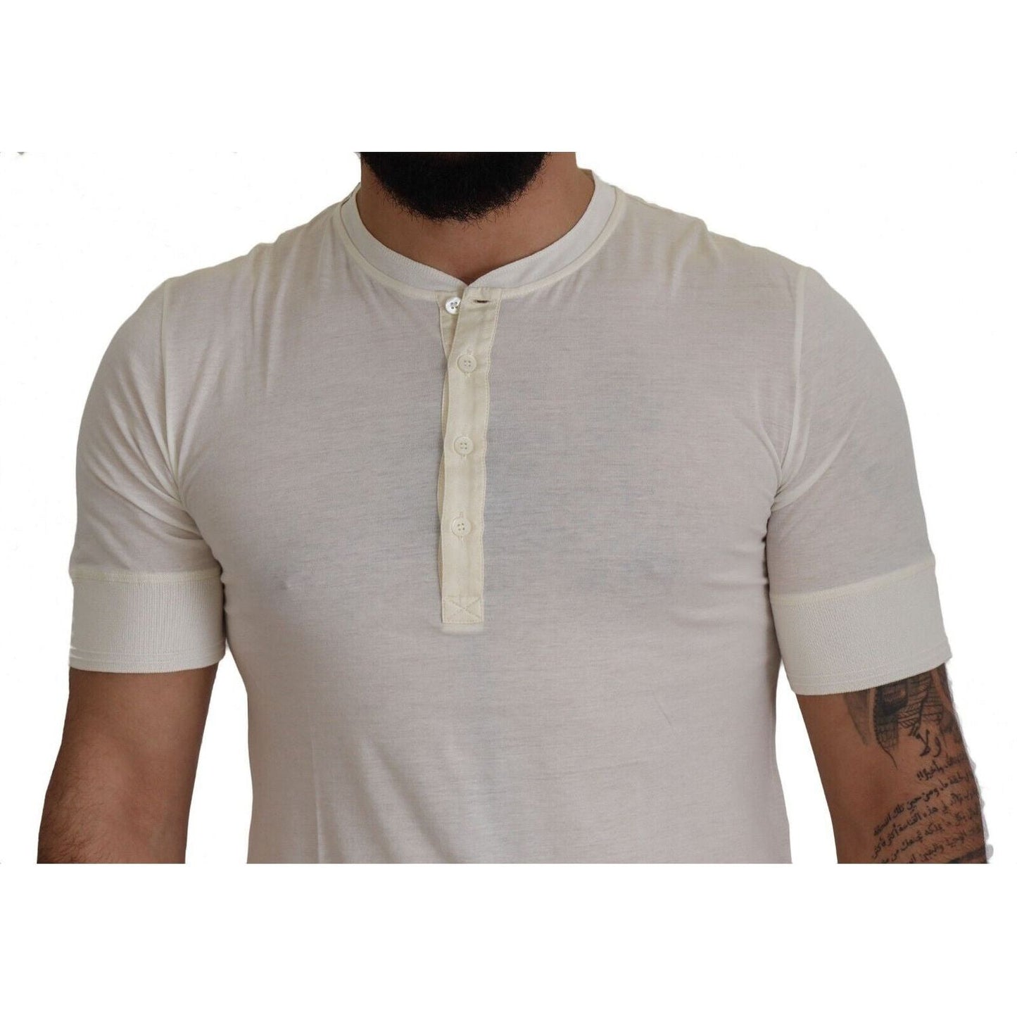 Dolce & Gabbana Elegant Off-White Silk Blend Crew Neck Tee white-short-button-closure-crewneck-t-shirt