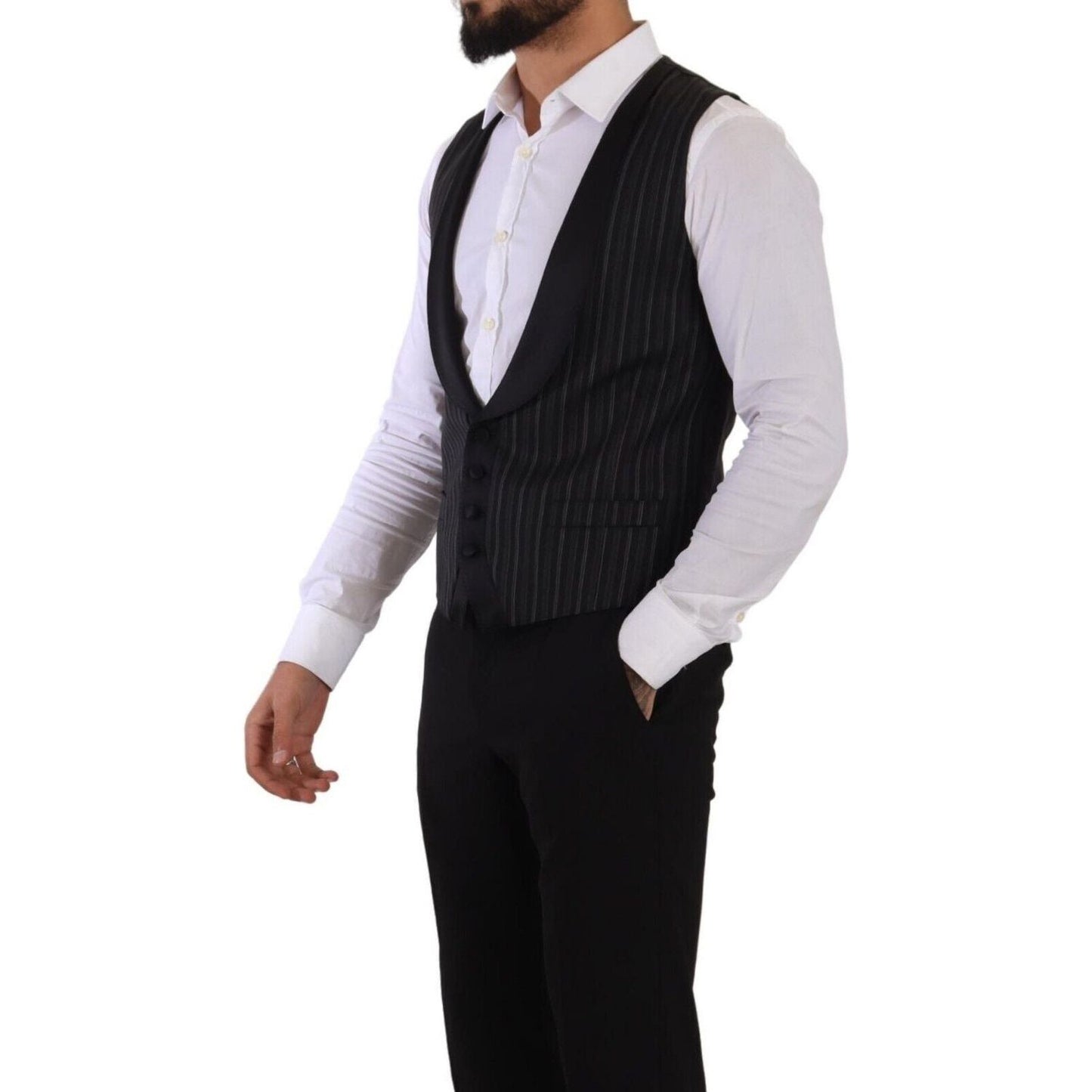 Dolce & Gabbana Elegant Striped Formal Dress Vest black-striped-wool-silk-waistcoat-vest
