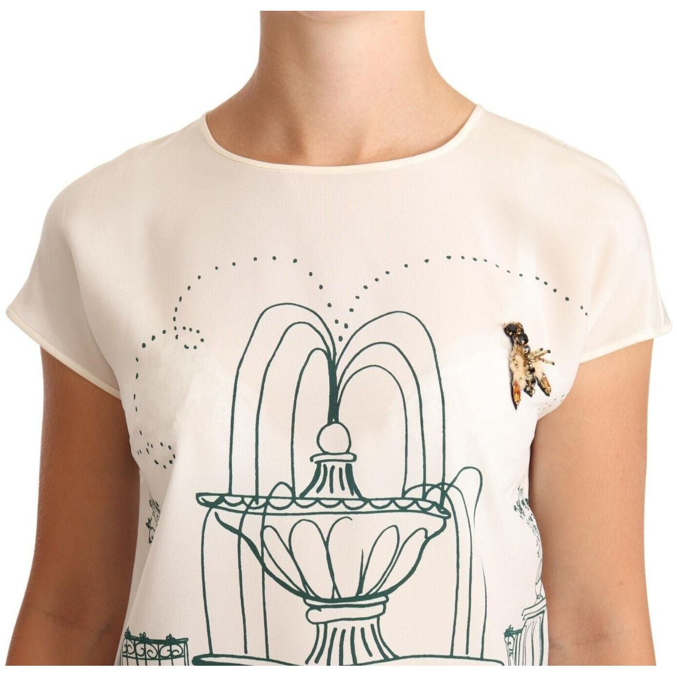 Dolce & Gabbana Elegant Silk Botanical Garden Fountain Tee Blouse Top white-silk-garden-fountain-t-shirt-blouse