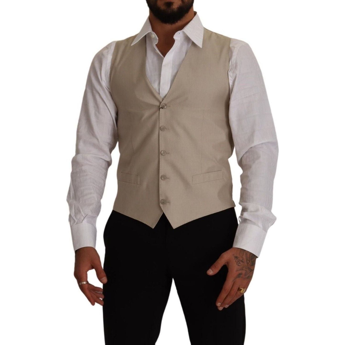 Dolce & Gabbana Beige Cotton Silk Formal Dress Vest beige-cotton-silk-slim-fit-waistcoat-vest