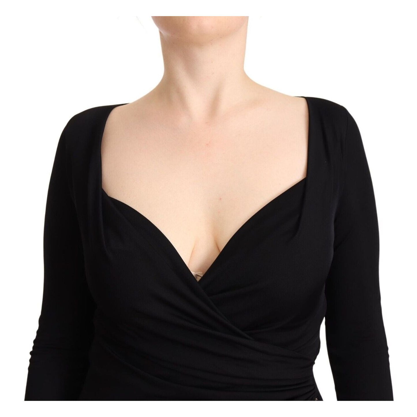 GF Ferre Elegant Black Sheath Dress with Sweetheart Neckline WOMAN DRESSES black-long-sleeves-sweetheart-neck-midi-dress