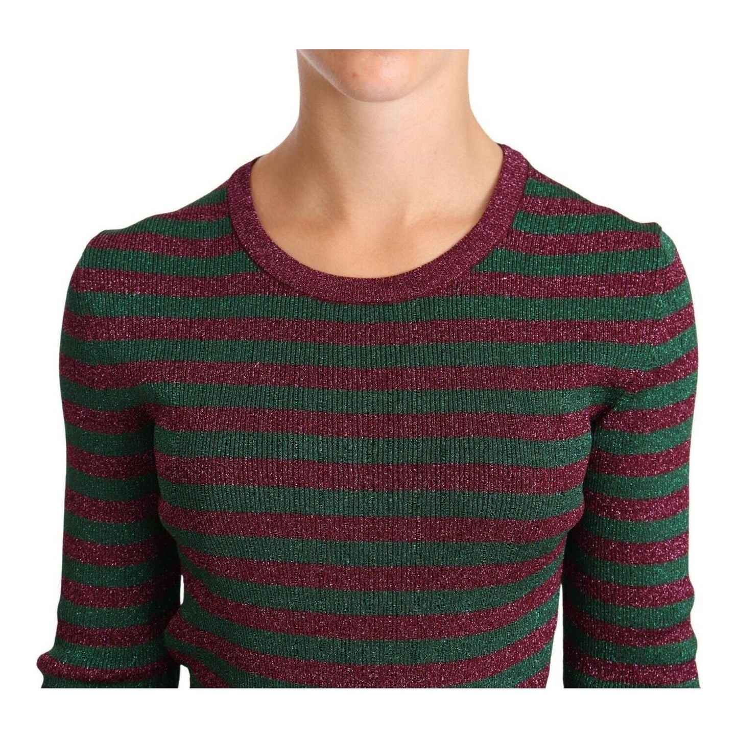 Dolce & Gabbana Elegant Maroon and Green Striped Crewneck Sweater WOMAN SWEATERS multicolor-striped-crew-neck-pullover-sweater