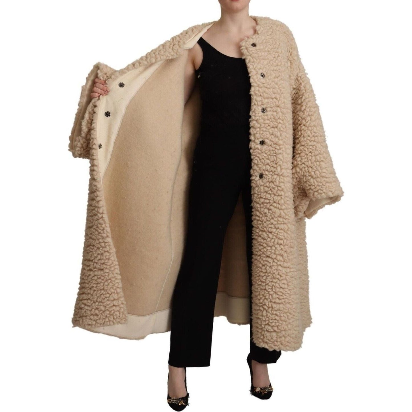 Dolce & Gabbana Elegant Beige Cashmere Overcoat Jacket beige-cashmere-wool-faux-fur-coat-jacket