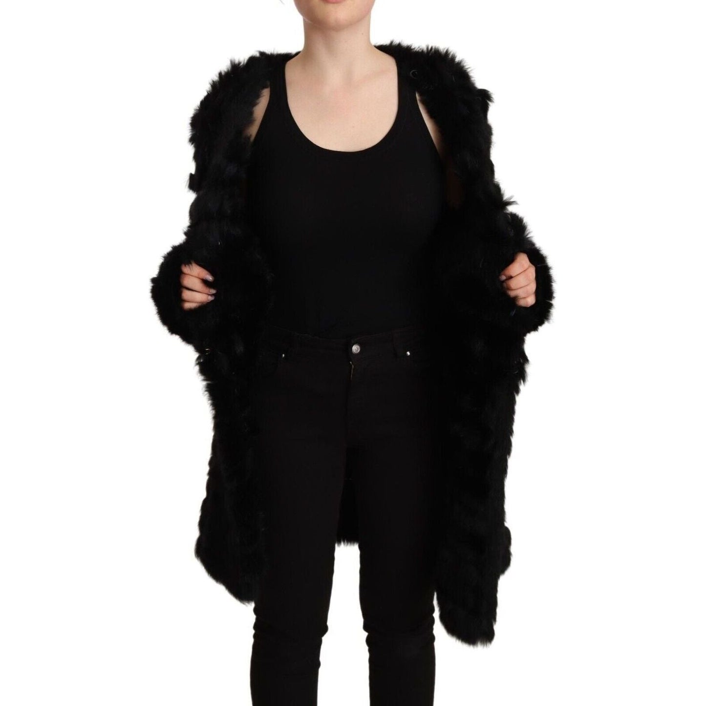 Just Cavalli Elegant Tasseled V-Neck Black Cardigan black-rabbit-fur-cardigan-long-sleeves-jacket