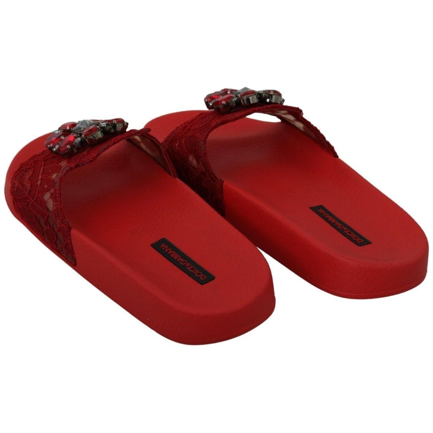 Dolce & Gabbana Floral Lace Crystal-Embellished Slide Flats red-lace-crystal-sandals-slides-beach-shoes
