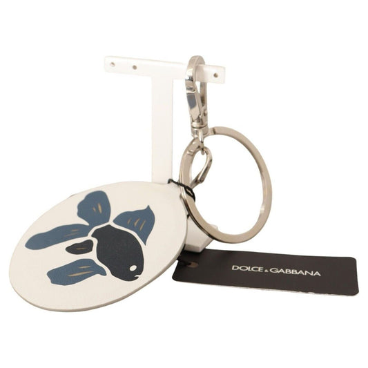 Dolce & Gabbana Chic White Leather Keychain white-leather-fish-metal-silver-tone-keyring-keychain