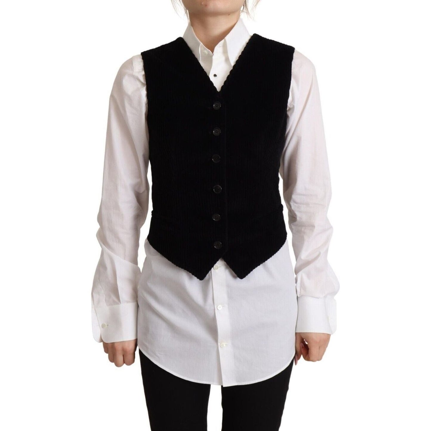 Dolce & Gabbana Elegant V-Neck Sleeveless Vest Top black-v-neck-leopard-corduroy-button-vest-top