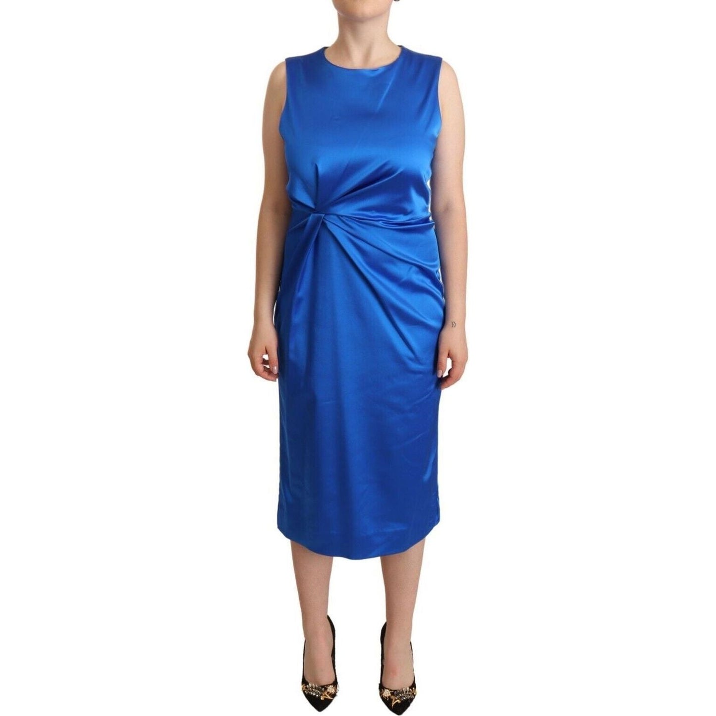 P.A.R.O.S.H. Elegant Sleeveless Sheath Midi Dress blue-acetate-sleeveless-pleated-midi-sheath-dress