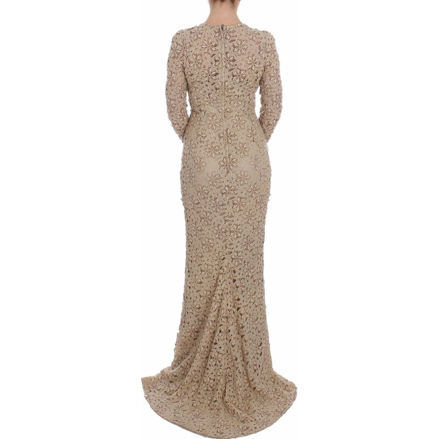 Dolce & Gabbana Beige Floral Lace Long Sleeve Maxi Dress beige-floral-lace-sheath-maxi-dress