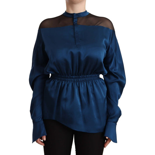 Masha Ma Elegant Crew Neck Silk Blouse in Blue WOMAN TOPS AND SHIRTS blue-silk-long-sleeves-elastic-waist-top-blouse