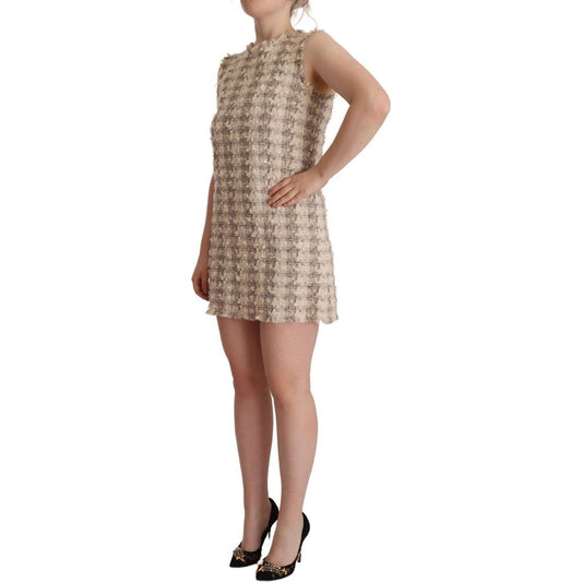 Dolce & Gabbana Chic Checkered Shift Mini Dress beige-checkered-sleeveless-mini-shift-dress