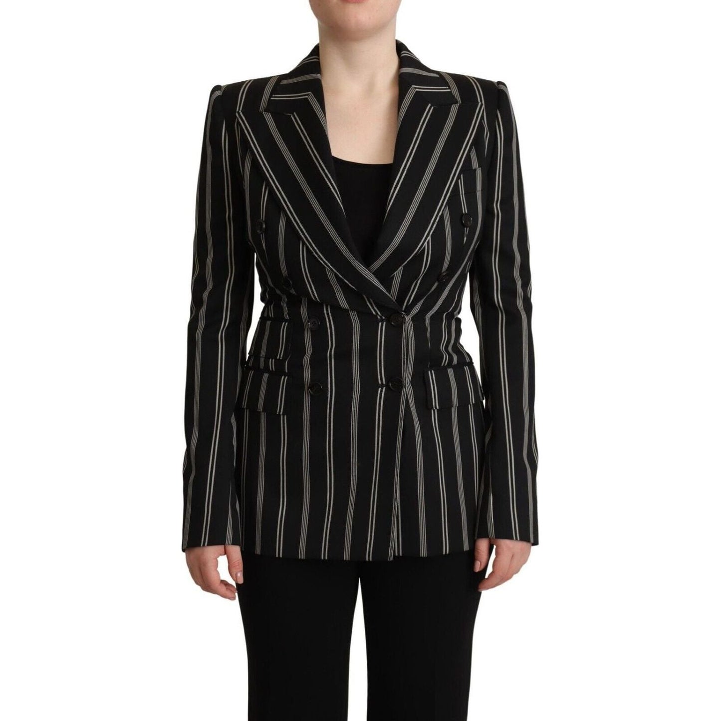 Dolce & Gabbana Elegant Striped Wool Stretch Jacket black-white-stripes-wool-long-sleeves-jacket