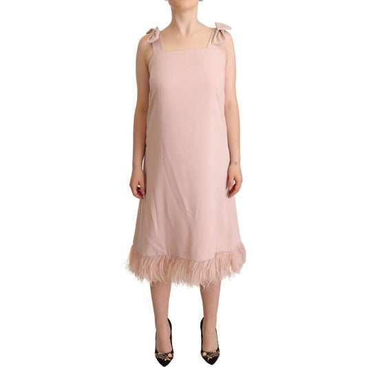 P.A.R.O.S.H. Chic Sleeveless Midi Dress with Feather Trim pink-polyester-sleeveless-midi-feather-shift-dress