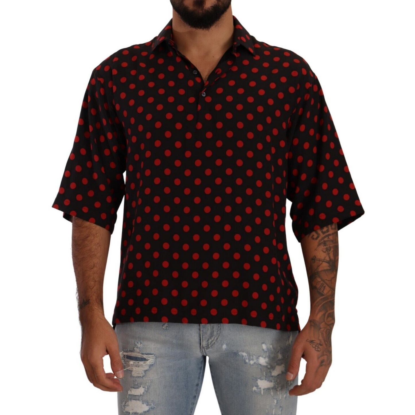 Dolce & Gabbana Elegant Silk Polka Dots Button-Down Shirt red-black-silk-polka-dots-short-sleeves-shirt