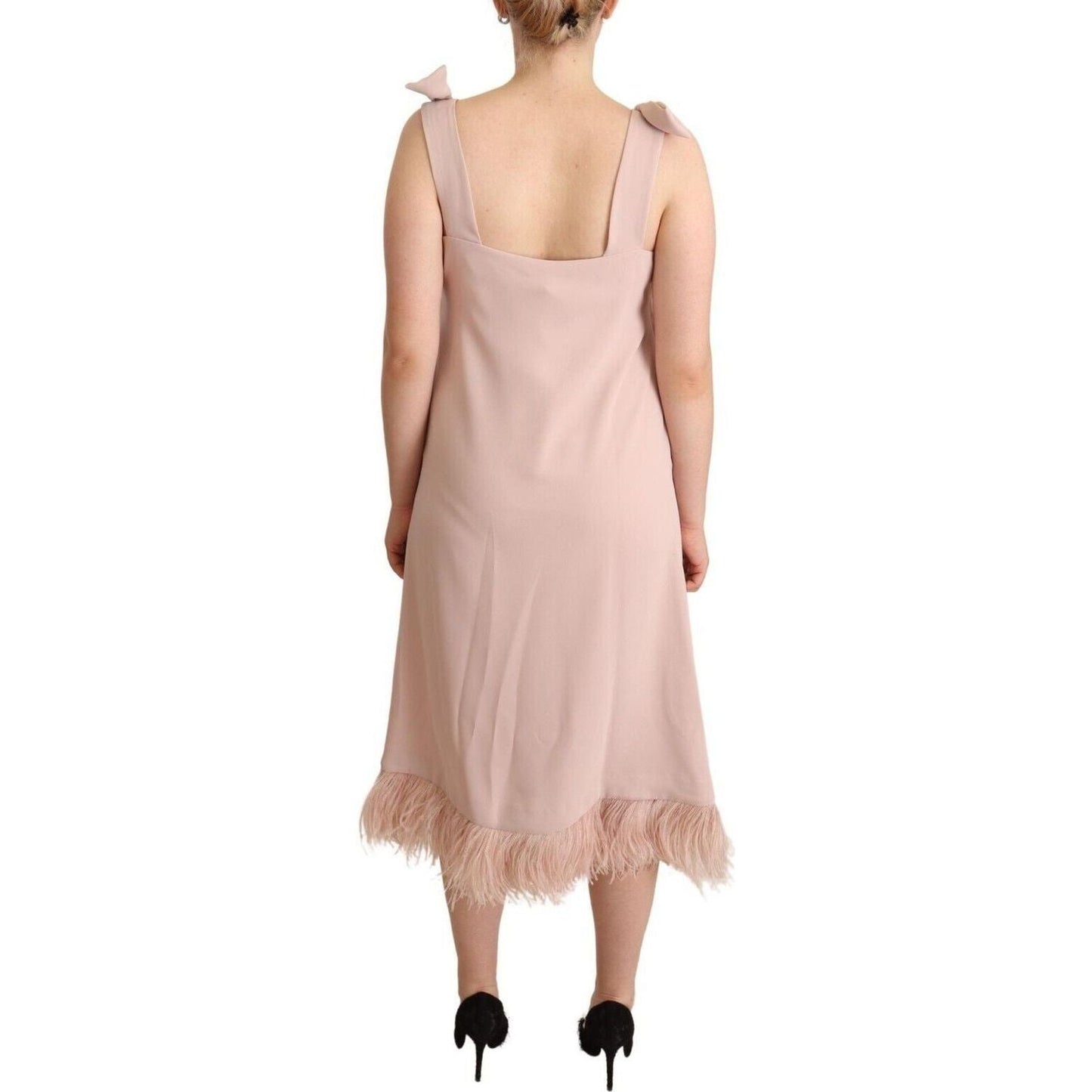 P.A.R.O.S.H. Chic Sleeveless Midi Dress with Feather Trim pink-polyester-sleeveless-midi-feather-shift-dress
