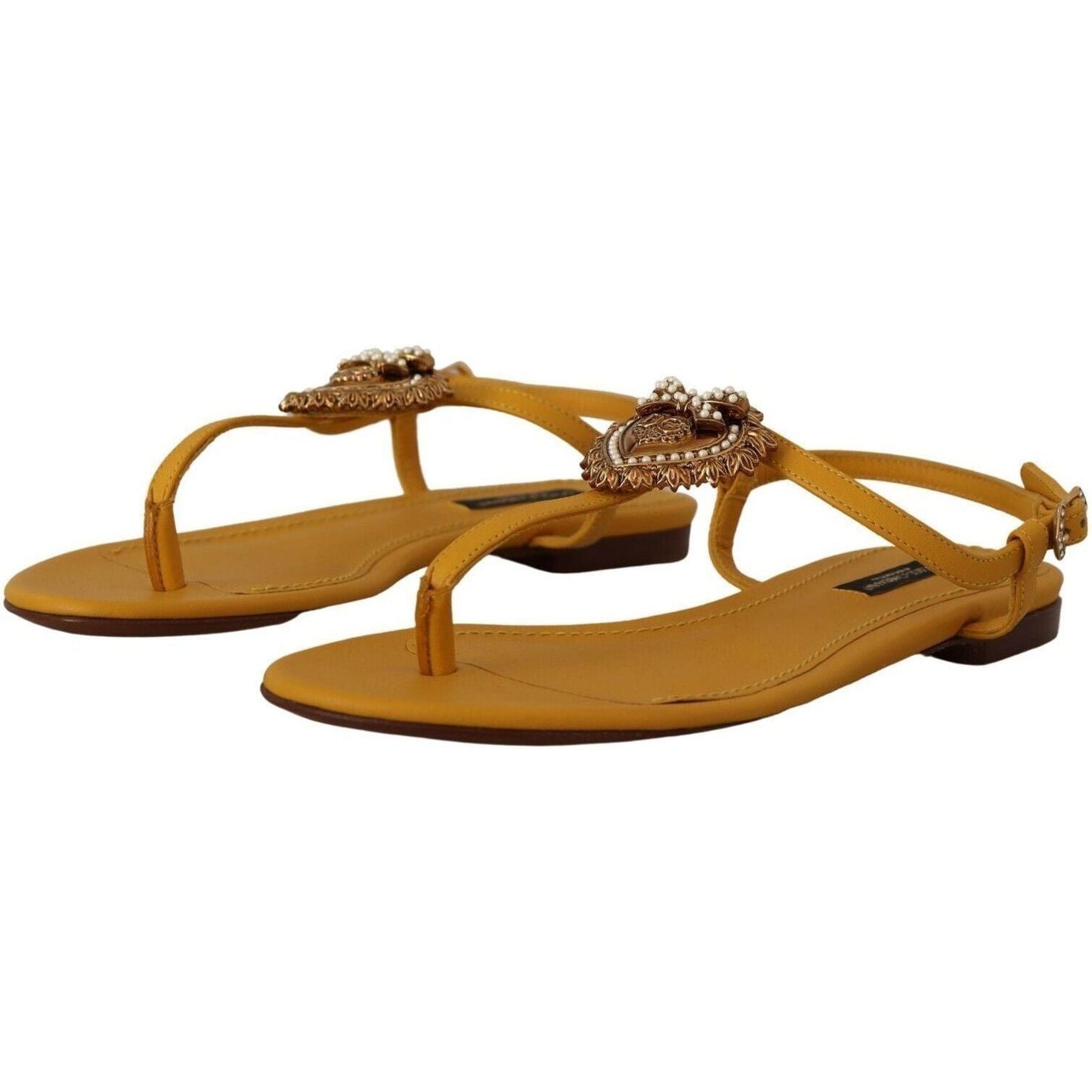 Dolce & Gabbana Mustard T-Strap Flat Sandals with Heart Embellishment mustard-leather-devotion-flats-sandals-shoes