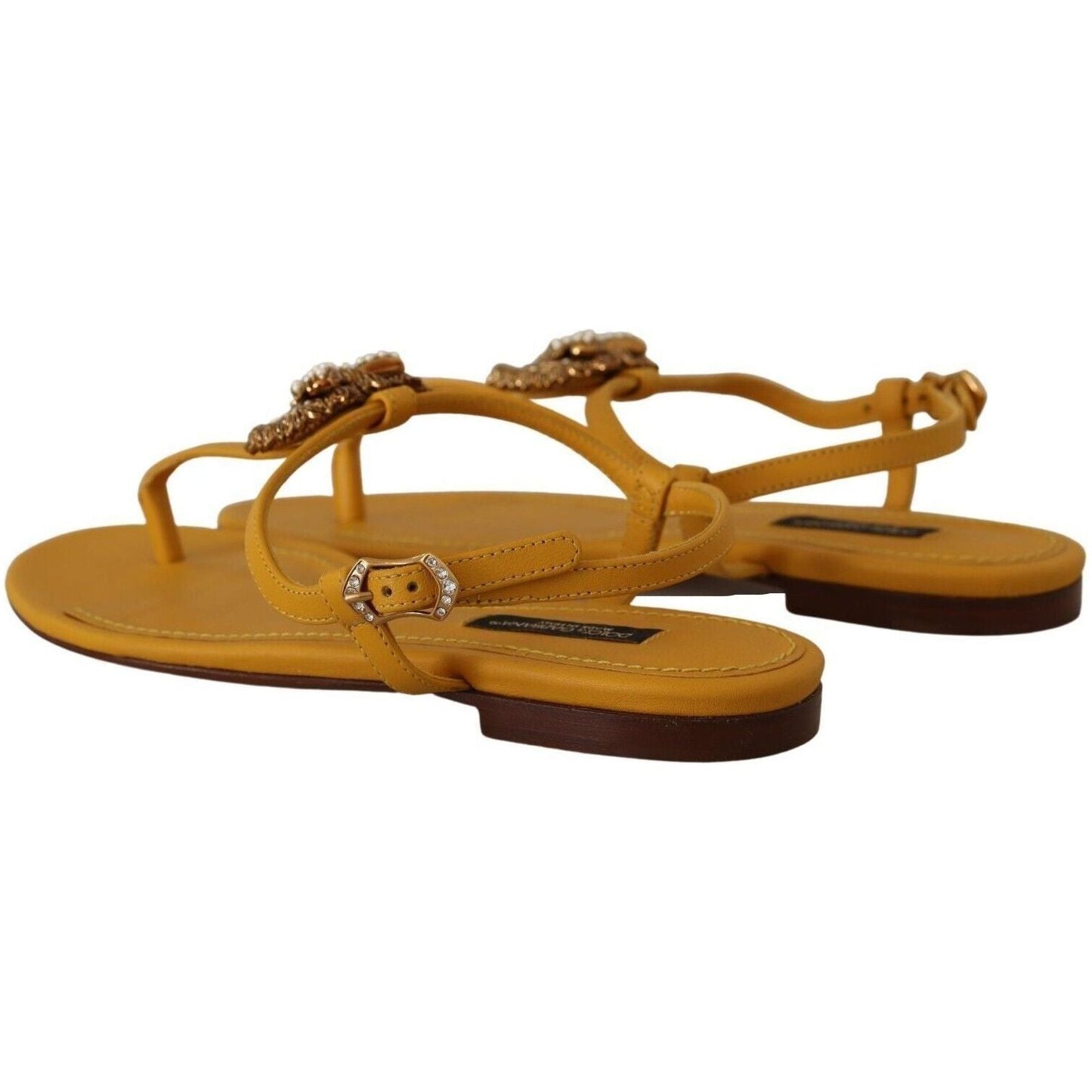 Dolce & Gabbana Mustard T-Strap Flat Sandals with Heart Embellishment mustard-leather-devotion-flats-sandals-shoes