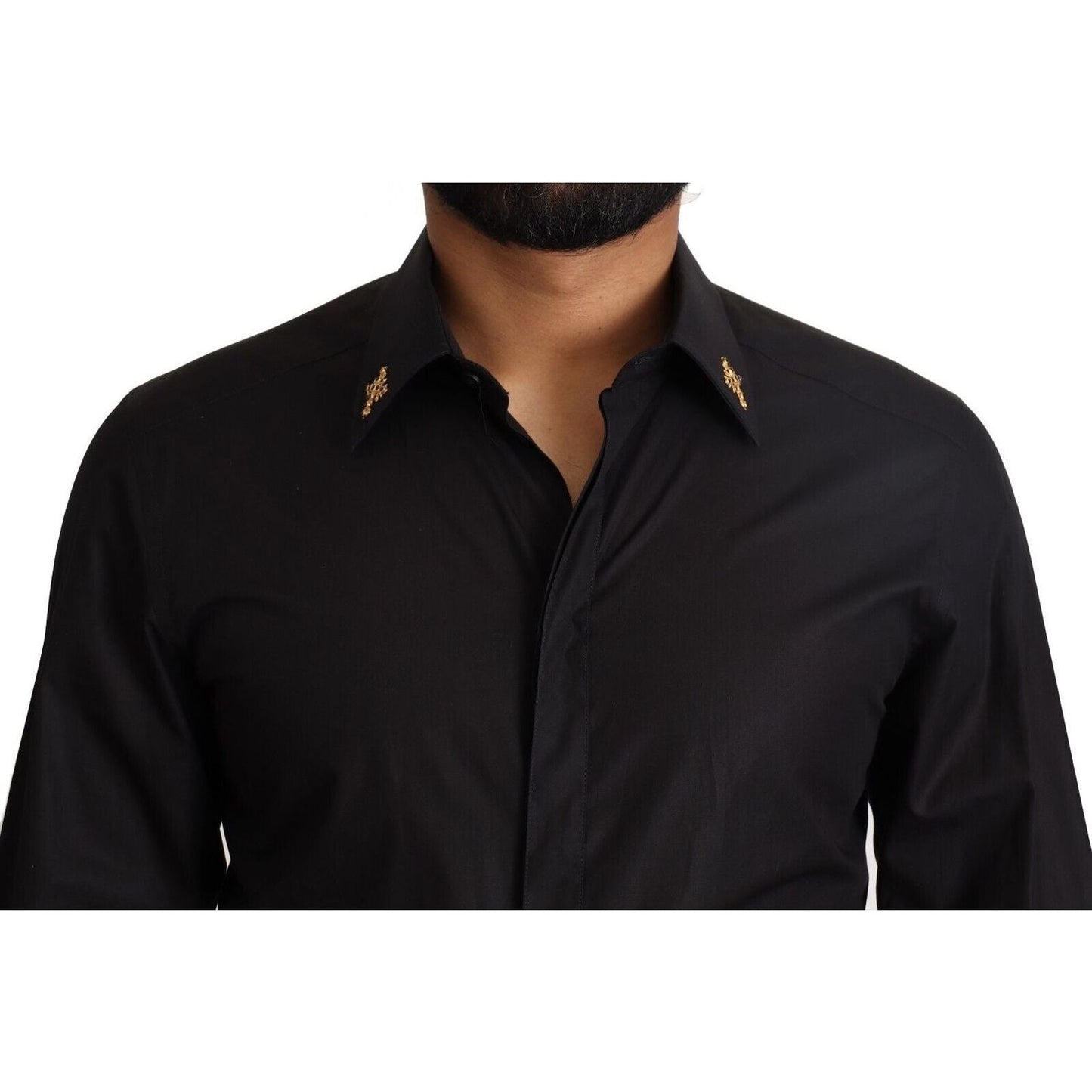 Dolce & Gabbana Elegant Slim Fit Black Cotton Dress Shirt black-gold-cotton-crystal-cross-slim-shirt-1