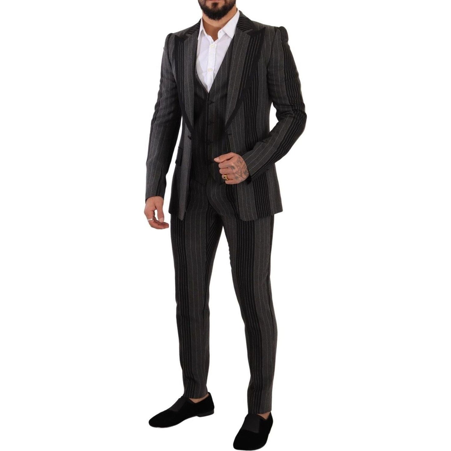 Dolce & Gabbana Elegant Striped Three-Piece Suit black-gray-striped-slim-fit-3-piece-suit