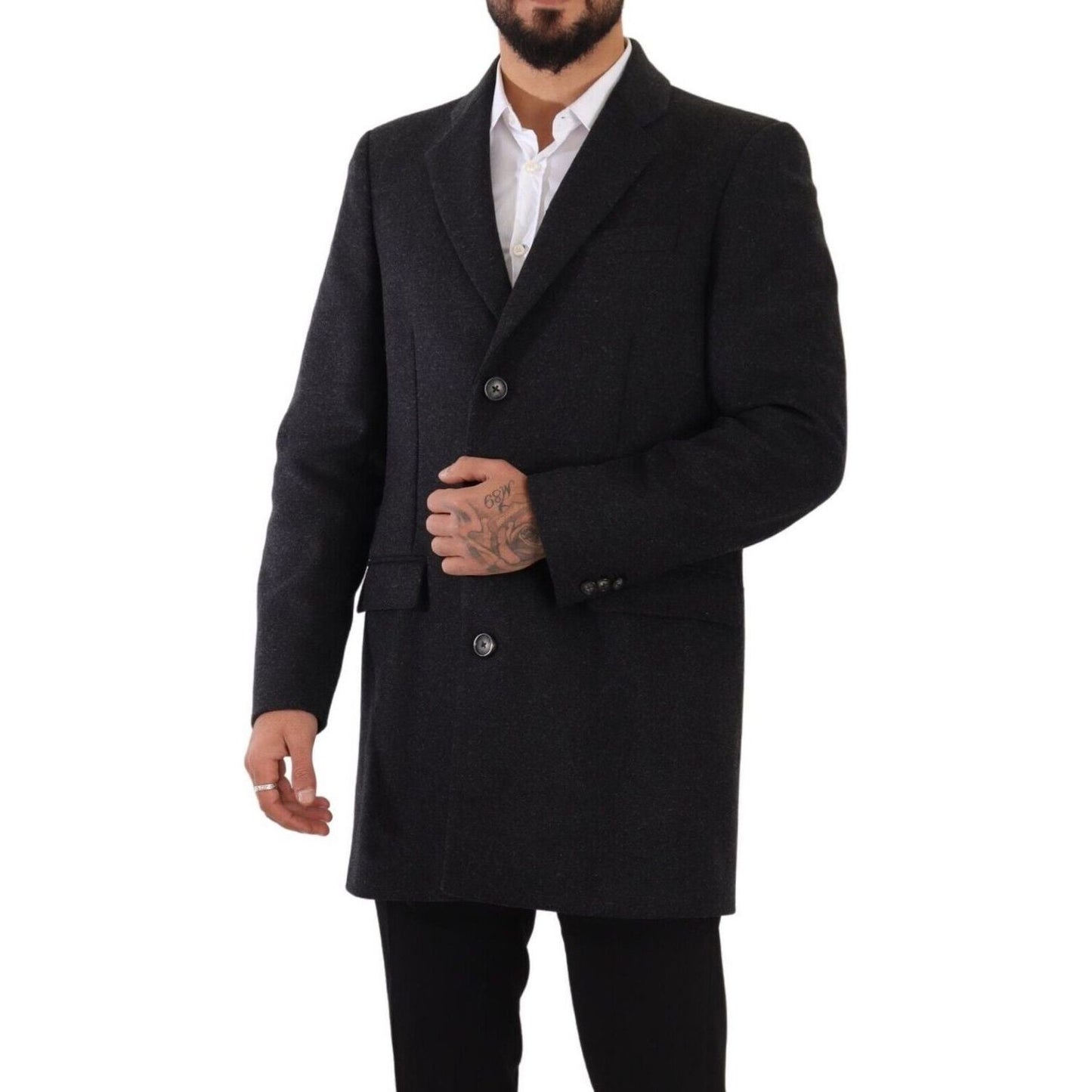 Dolce & Gabbana Elegant Dark Grey Woolen Overcoat dark-gray-wool-over-trench-coat-men-jacket