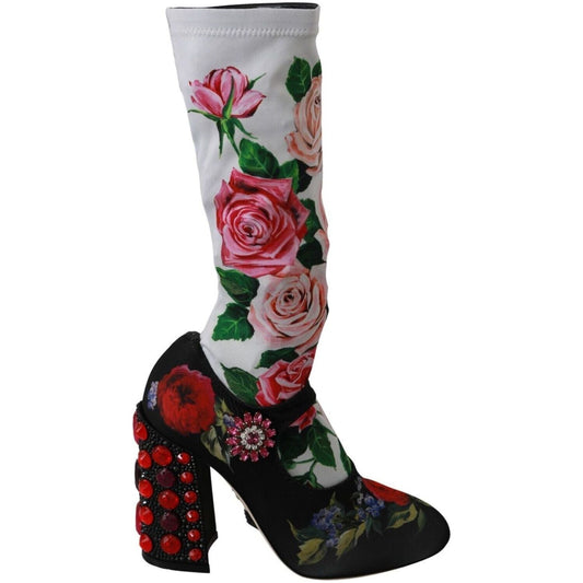 Dolce & Gabbana Floral Embellished Socks Boots black-floral-socks-crystal-jersey-boots-shoes