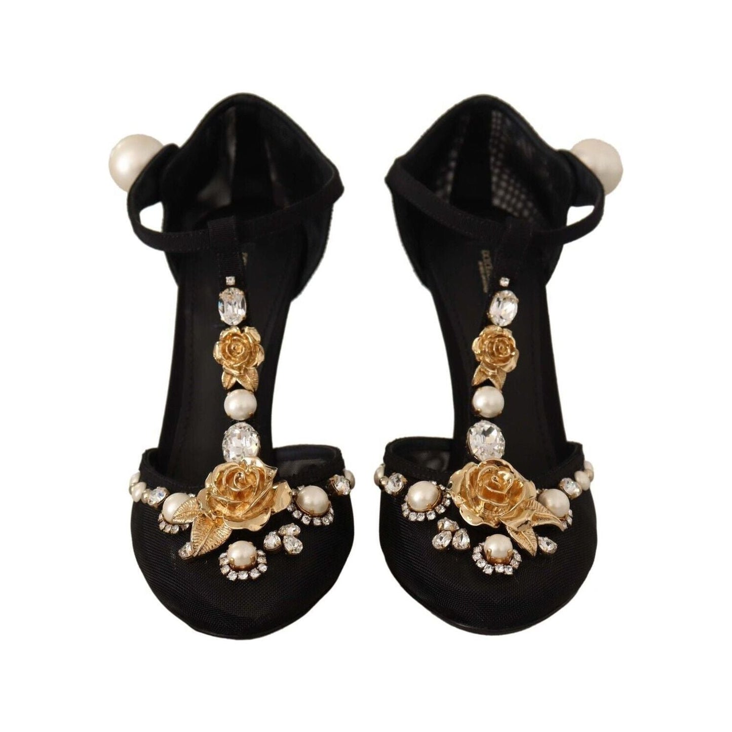Dolce & Gabbana Elegant Embellished T-Strap Heels Sandals black-faux-pearl-crystal-vally-heels-sandals-shoes