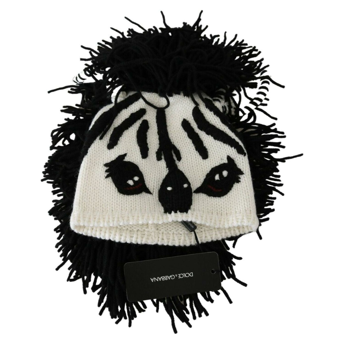 Dolce & Gabbana Black and White Knitted Cashmere Beanie black-white-knitted-cashmere-animal-design-hat WOMAN HATS