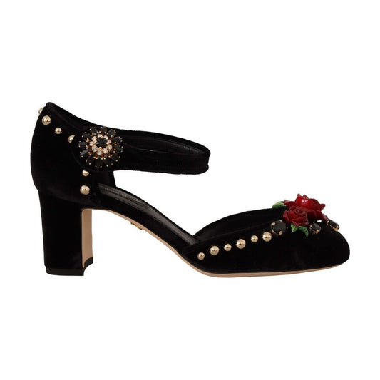 Dolce & Gabbana Black Crystal Rose Heel Sandals black-embellished-ankle-strap-heels-sandals-shoes