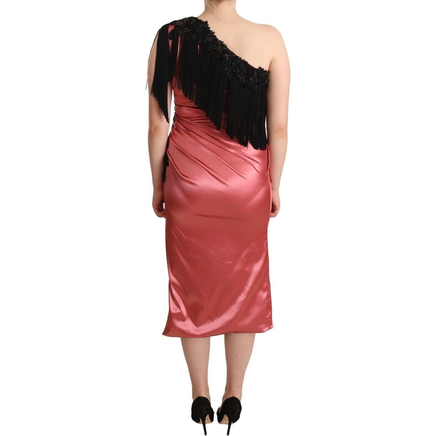Dolce & Gabbana Elegant Pink Maxi Dress with Black Tassel Accent pink-one-shoulder-silk-tassel-fringe-gown-mid-dress