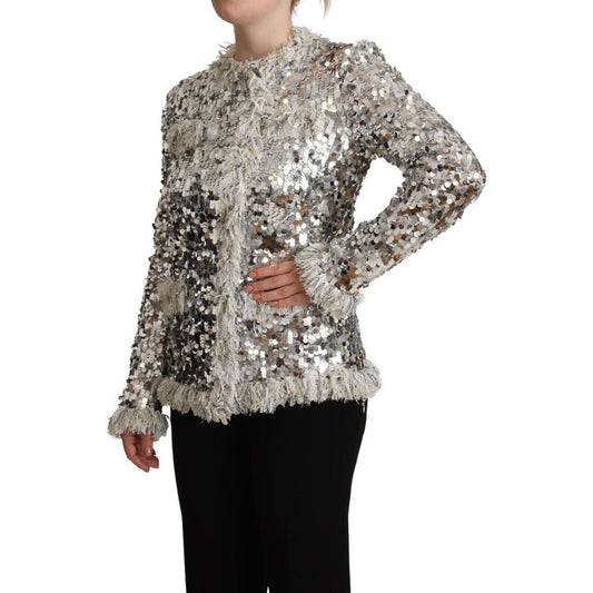 Dolce & Gabbana Chic Silver Sequined Jacket Coat silver-sequined-shearling-long-sleeves-jacket