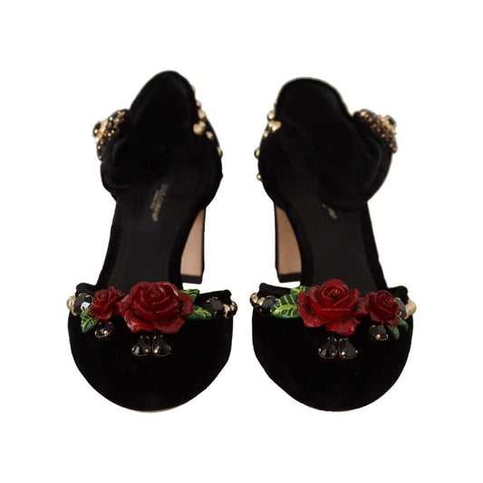 Dolce & Gabbana Black Crystal Rose Heel Sandals black-embellished-ankle-strap-heels-sandals-shoes