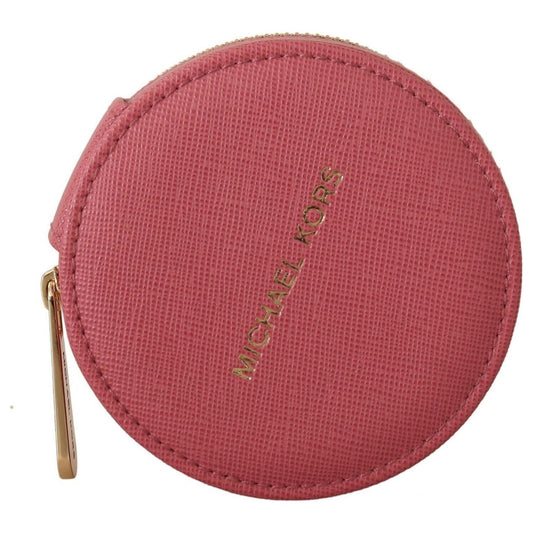 Michael Kors Elegant Pink Leather Round Wallet pink-leather-zip-round-pouch-purse-storage-wallet