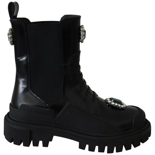 Dolce & Gabbana Elegant Black Leather Combat Boots with Crystal Detail black-leather-crystal-combat-boots