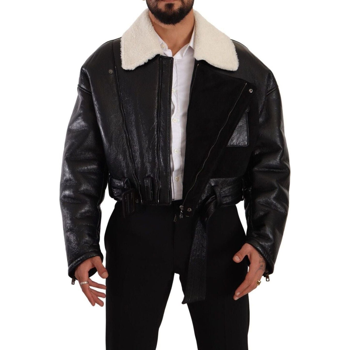 Dolce & Gabbana Elegant Shearling Biker Jacket black-leather-shearling-biker-coat-jacket