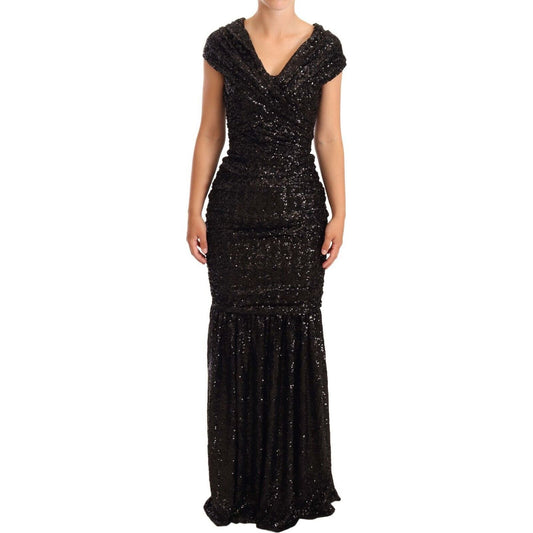 Dolce & Gabbana Elegant Black Sequined Open Shoulder Gown WOMAN DRESSES black-sequined-open-shoulder-long-gown-dress