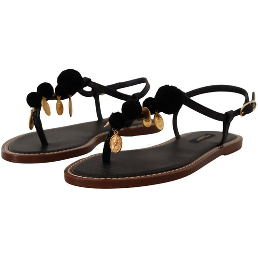 Dolce & Gabbana Chic Leather Ankle Strap Flats with Gold Detailing black-leather-coins-flip-flops-sandals-shoes-1 s-l1600-50-8-a1b25275-ec2.jpg