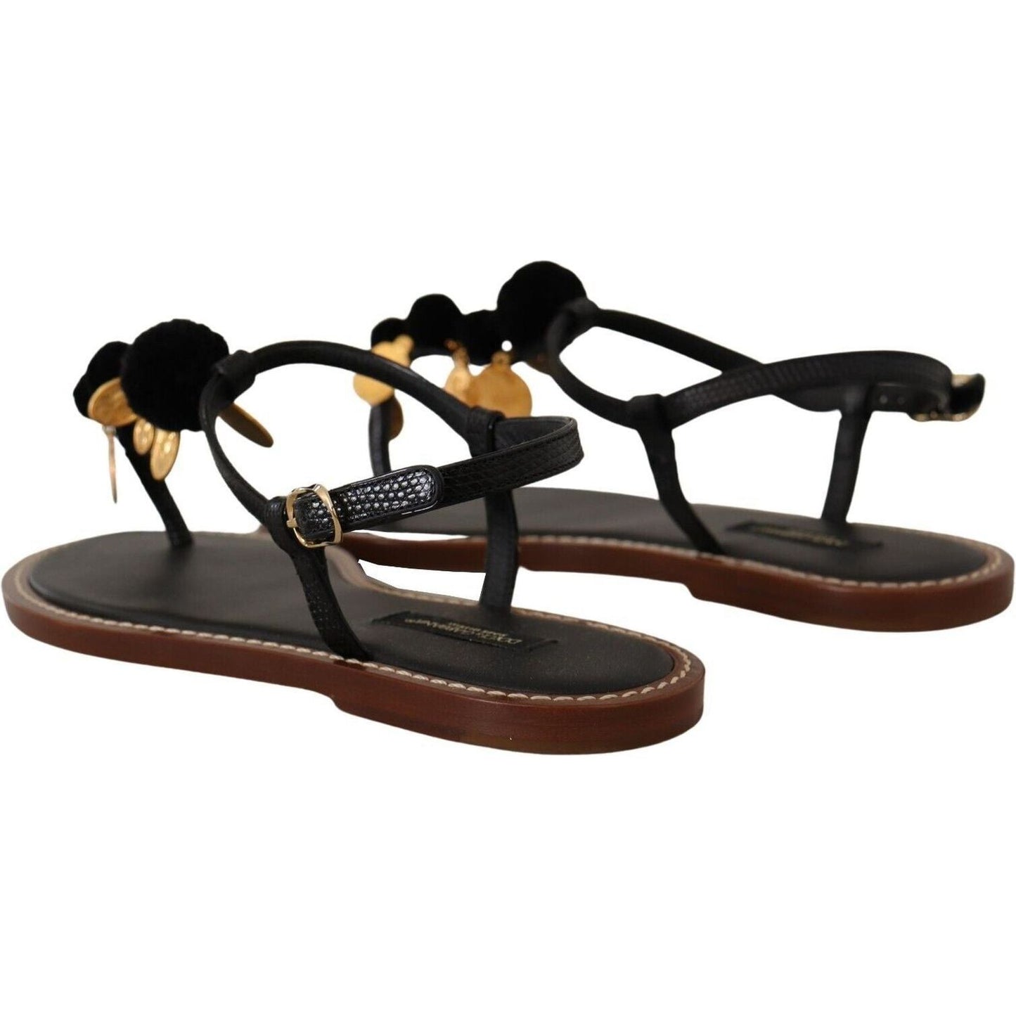 Dolce & Gabbana Chic Leather Ankle Strap Flats with Gold Detailing black-leather-coins-flip-flops-sandals-shoes-1