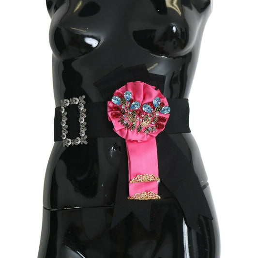 Dolce & Gabbana Elegant Floral Crystal Ribbon Waist Belt WOMAN BELTS black-pink-flower-brooch-crystals-cotton-belt