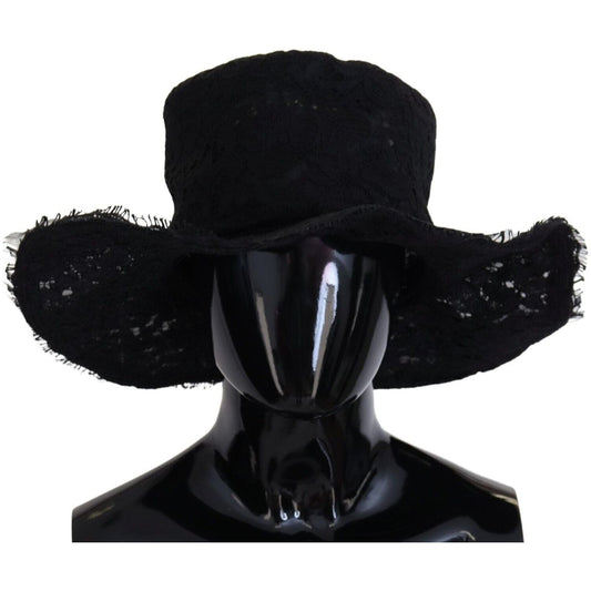 Dolce & Gabbana Elegant Black Top Hat - Timeless Fashion Statement black-floral-lace-wide-brim-top-hat